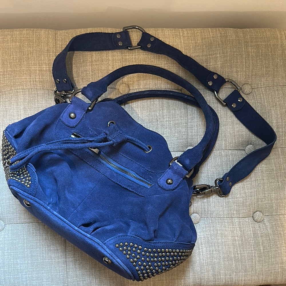 Tarah Smith Chic Blue Suede Studded Shoulder Bag